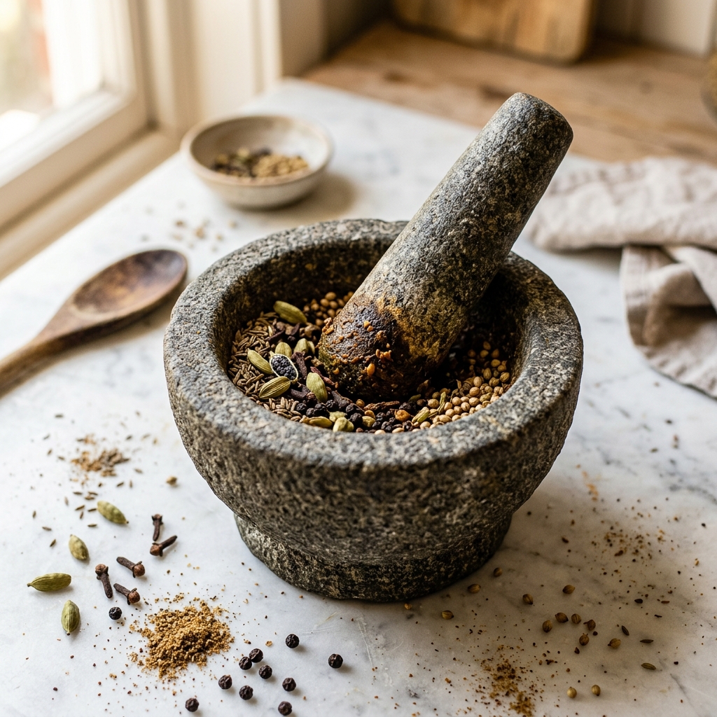 Indian Spices being ground in traditional stone mortar and pestle