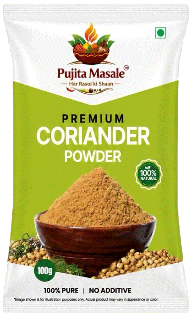 Fresh greenish-brown coriander powder with coriander seeds