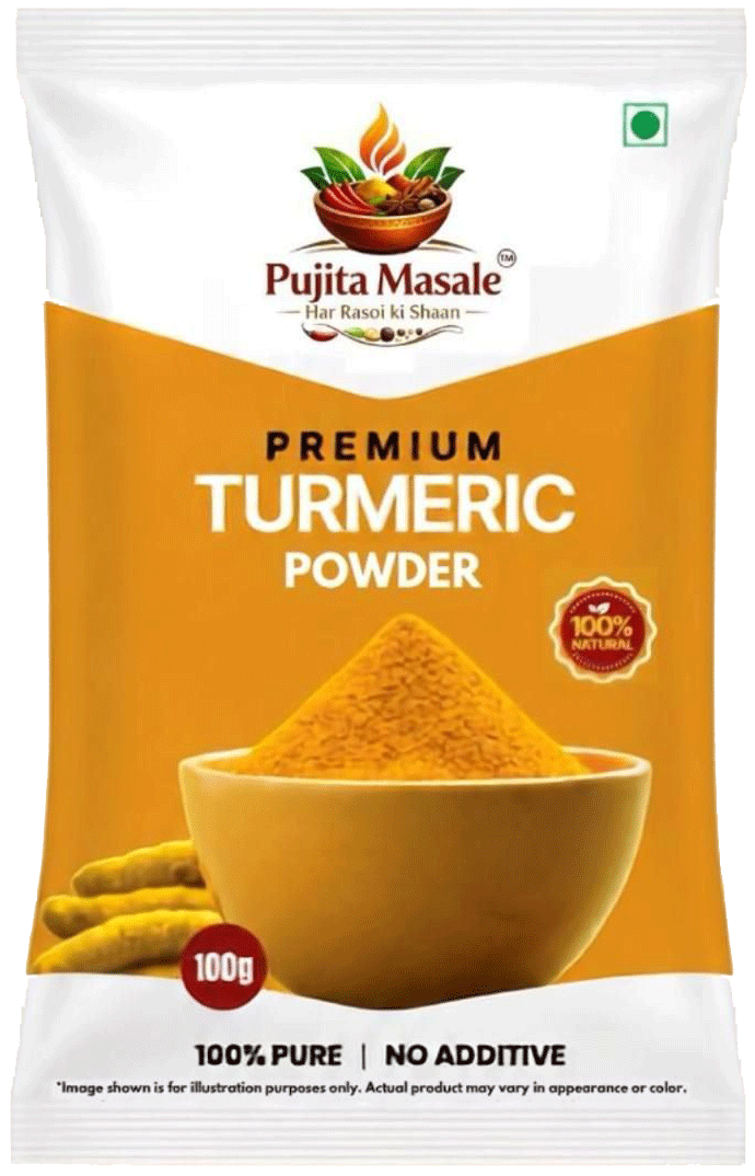 Golden yellow turmeric powder beside raw turmeric roots